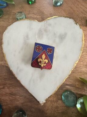 1920s Enamel Fleur-de-Lis Shield Pin in Blue, Red & Gold